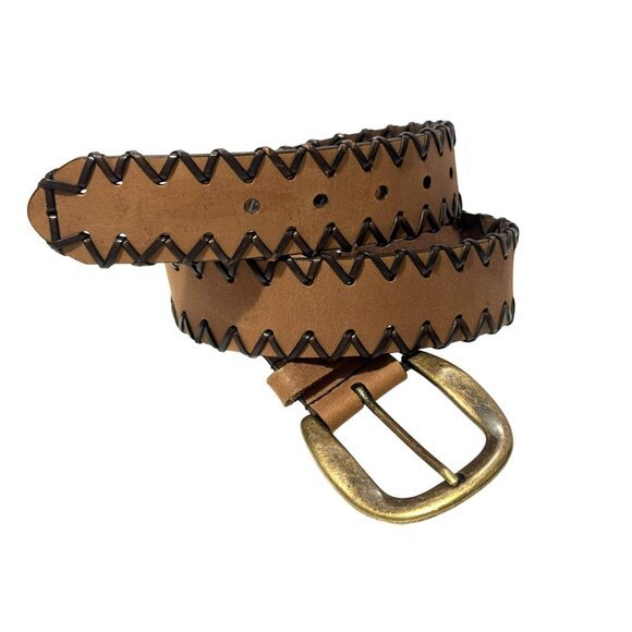 Y2K Faded Glory Braded V-Stitch Leather Two-Tone Belt Large Brass Buckle  30-34 - Picture 1 of 4